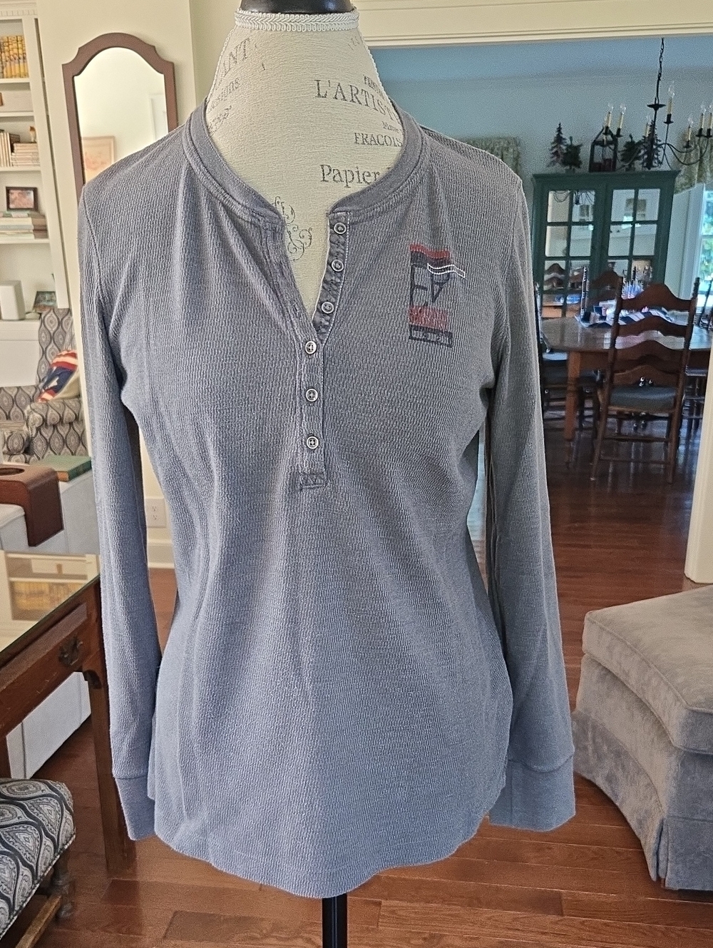 Eddie Bauer Squaw Valley Long Sleeve Henley Tee in Grey with Red Accent